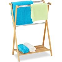 Relaxdays Toallero de pie- 5 Barras- bambú- Acero Inoxidable- toallero con Estante- 87 x 58-5 x 36 cm- Natural- 10032186